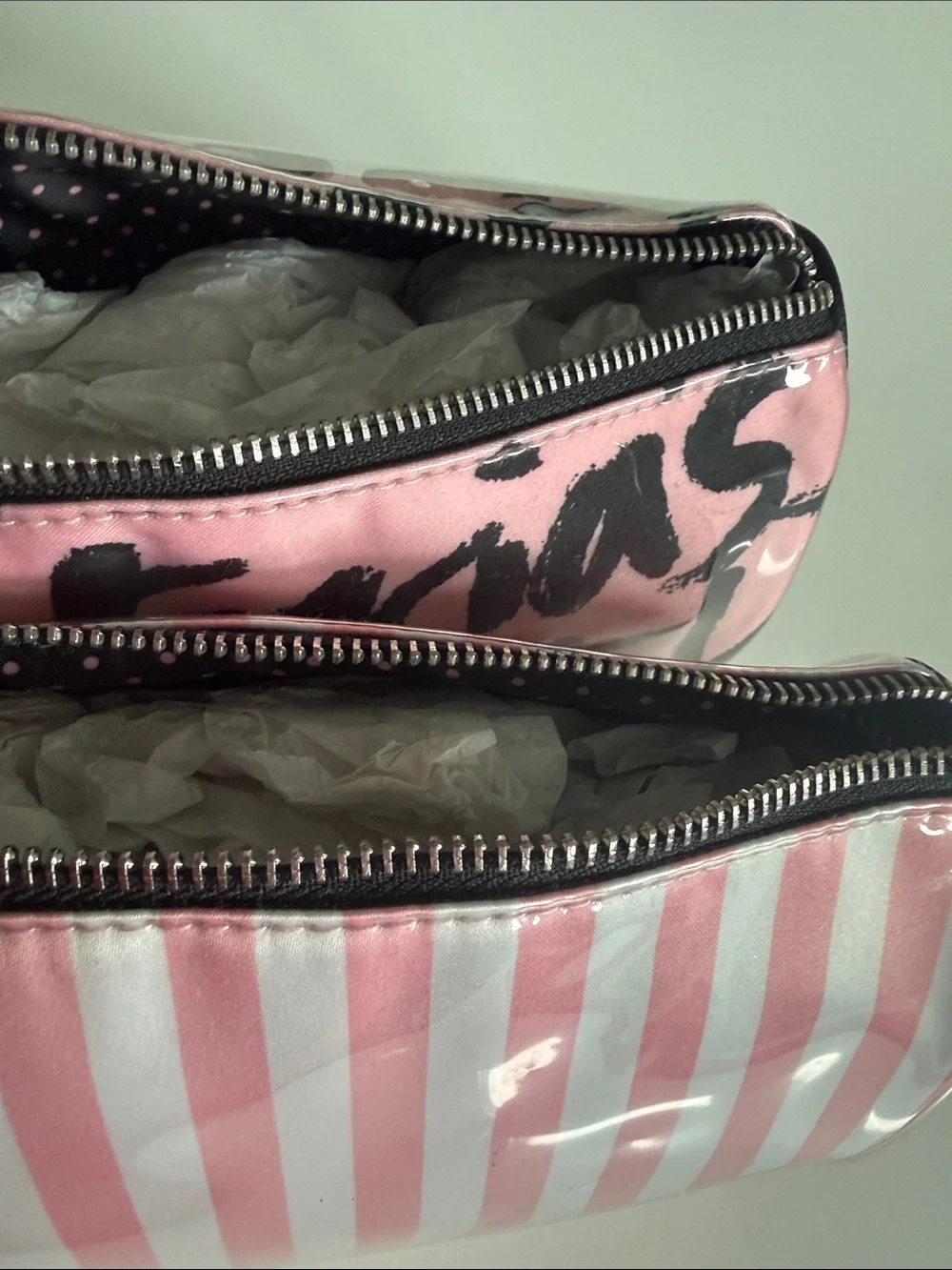 NWT Bundle of 2 Victoria's Secret Pink Striped & Script Cosmetic Pouches